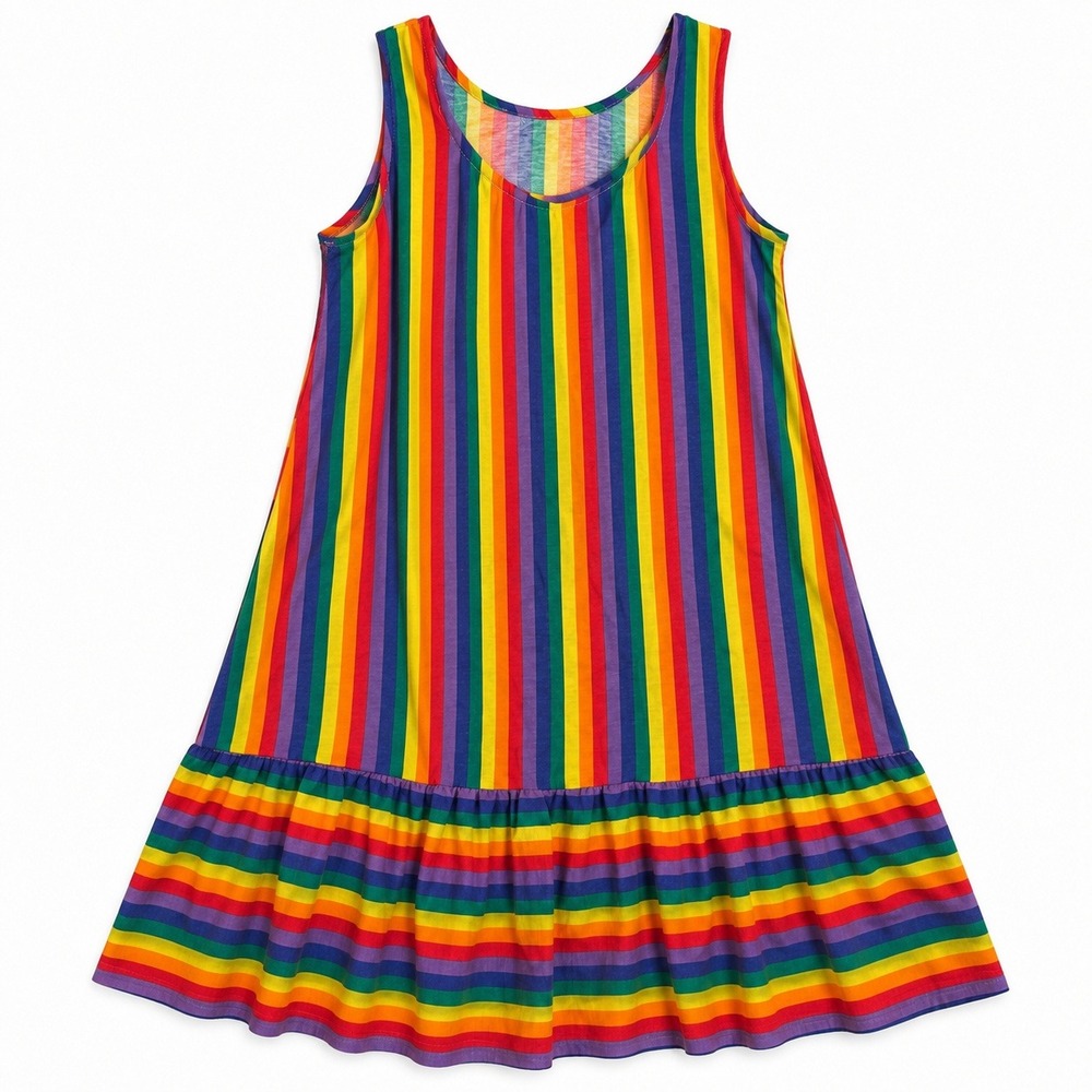Vtg 70s Rainbow Striped Tank Dress Ruffle Hem Pride Groovy M Dopamine Maximalist